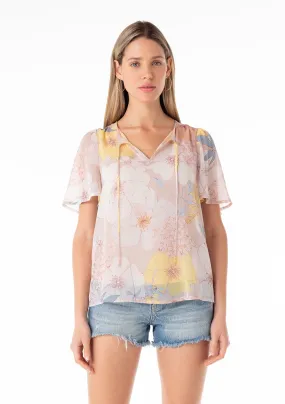 Floral Sheer Angel Sleeve Split Neck Blouse