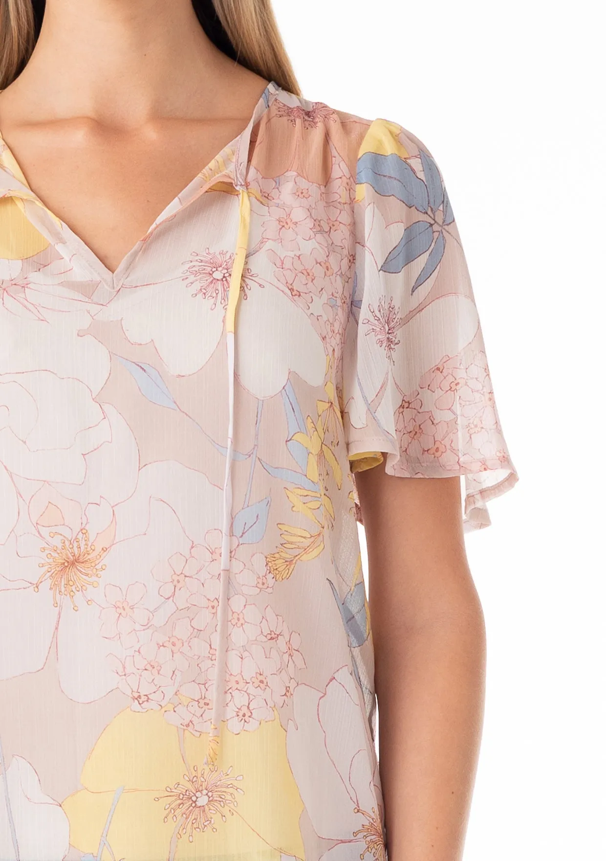 Floral Sheer Angel Sleeve Split Neck Blouse