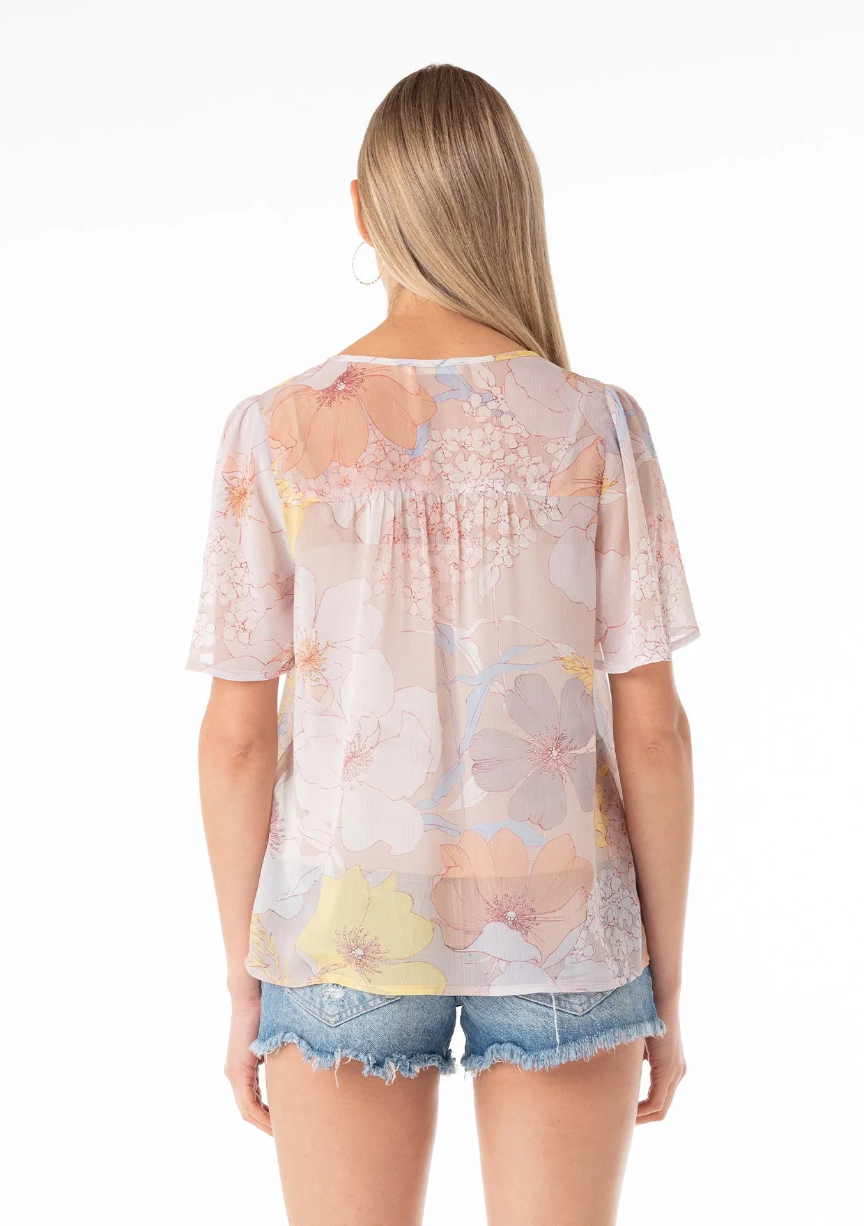 Floral Sheer Angel Sleeve Split Neck Blouse