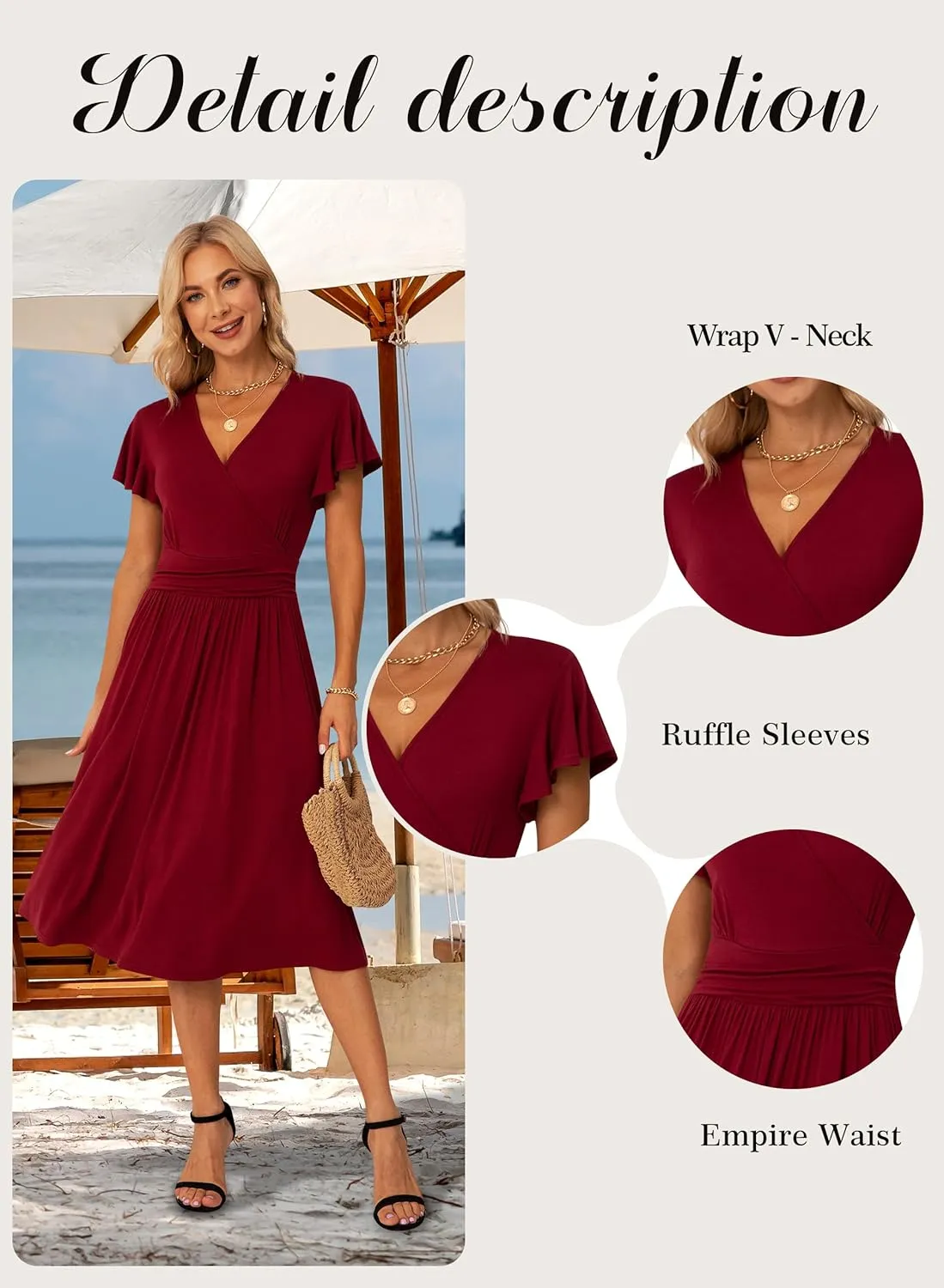 GRECERELLE Spring Summer Dress for Women Casual Ruffle Short Sleeve Wrap V-Neck Dress