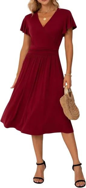 GRECERELLE Spring Summer Dress for Women Casual Ruffle Short Sleeve Wrap V-Neck Dress