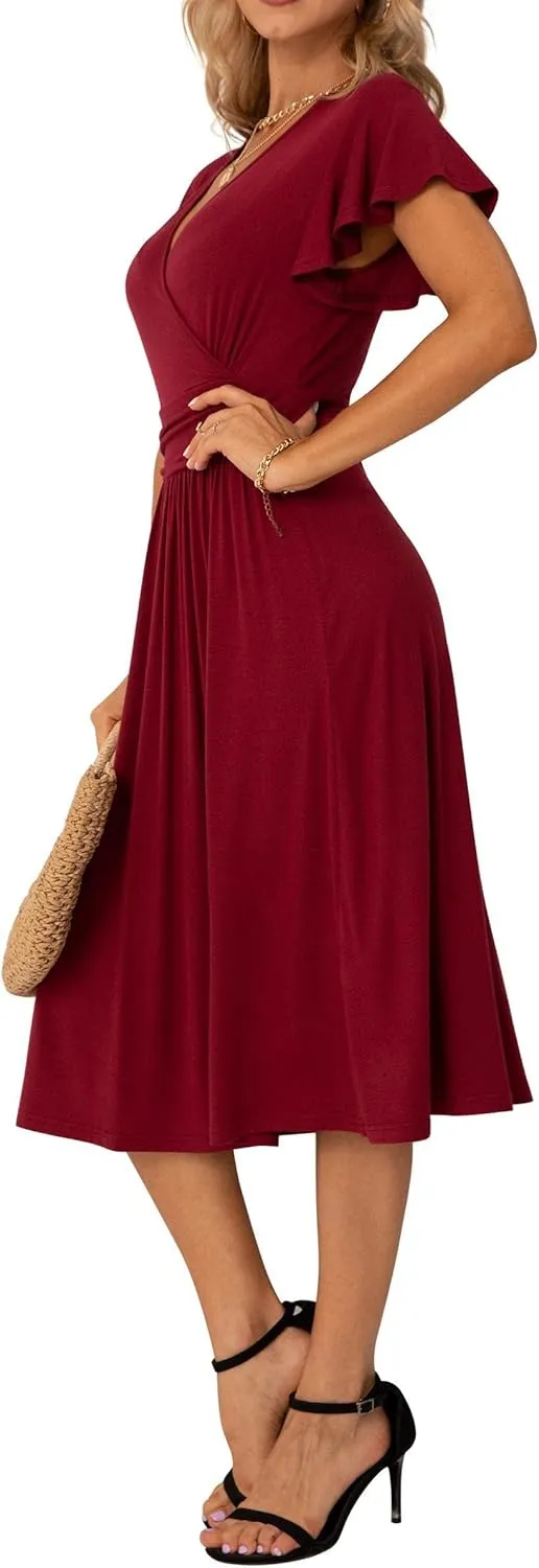 GRECERELLE Spring Summer Dress for Women Casual Ruffle Short Sleeve Wrap V-Neck Dress