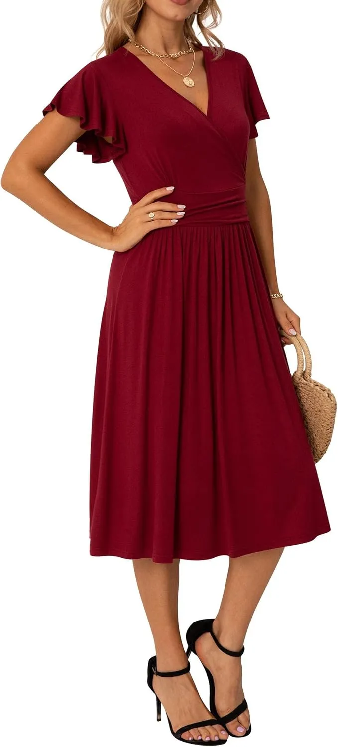 GRECERELLE Spring Summer Dress for Women Casual Ruffle Short Sleeve Wrap V-Neck Dress