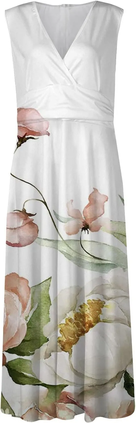 HXHYQKP Dresses for Women 2025 A Line Swing Dress Wrap V Neck Sleeveless Maxi Dress Trendy Floral Print Flowy Beach Dress