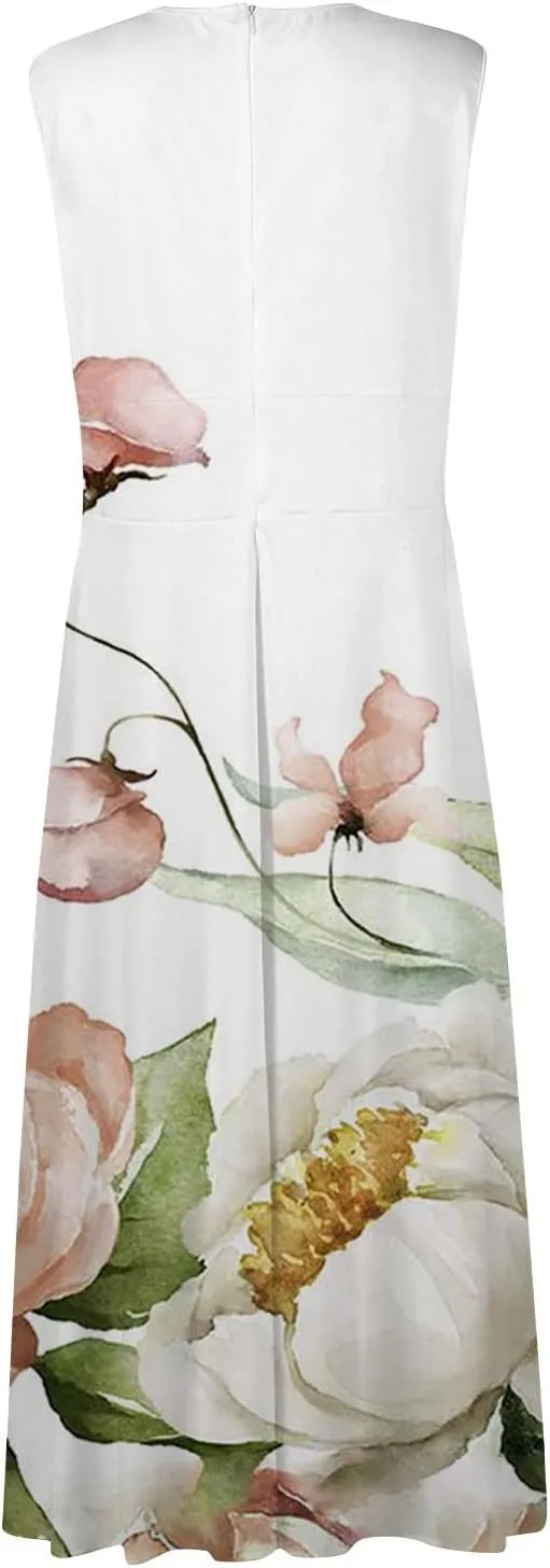HXHYQKP Dresses for Women 2025 A Line Swing Dress Wrap V Neck Sleeveless Maxi Dress Trendy Floral Print Flowy Beach Dress