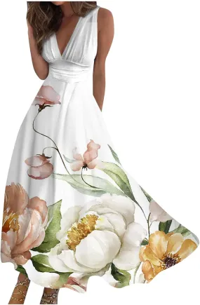 HXHYQKP Dresses for Women 2025 A Line Swing Dress Wrap V Neck Sleeveless Maxi Dress Trendy Floral Print Flowy Beach Dress