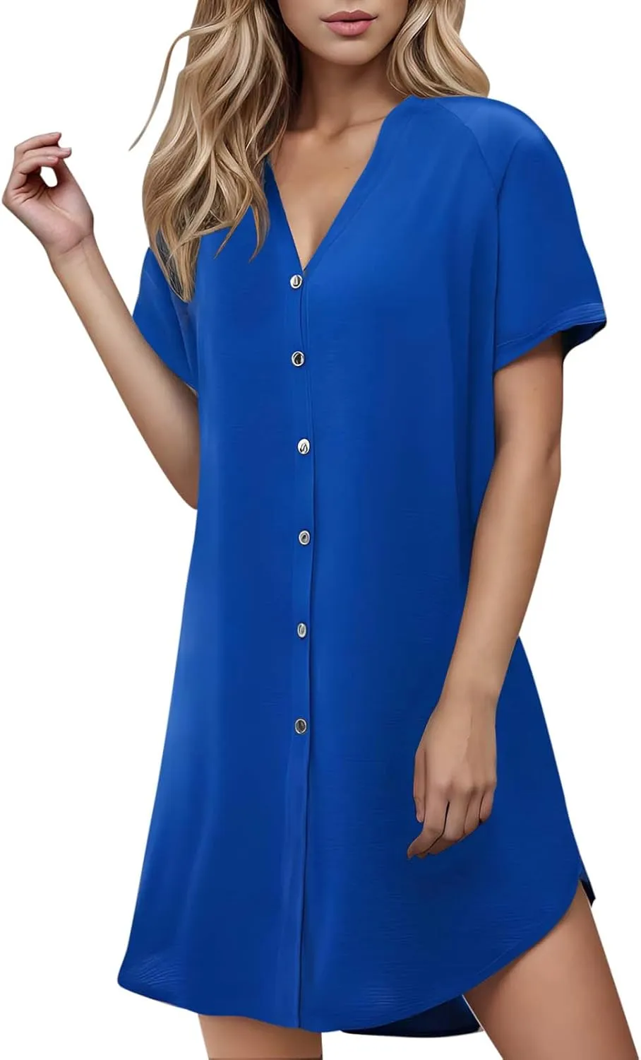 jsaierl Women's Button Down V Neck Shirts Dress Casual Loose Solid Basic T Shirt Dress Summer Short Sleeve Shift Dress