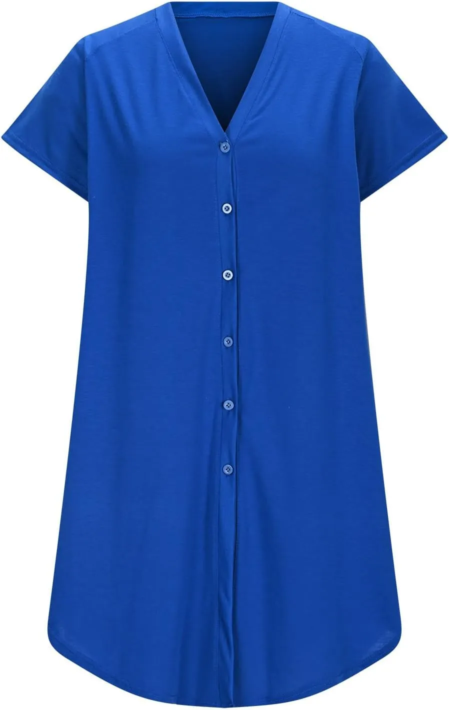jsaierl Women's Button Down V Neck Shirts Dress Casual Loose Solid Basic T Shirt Dress Summer Short Sleeve Shift Dress