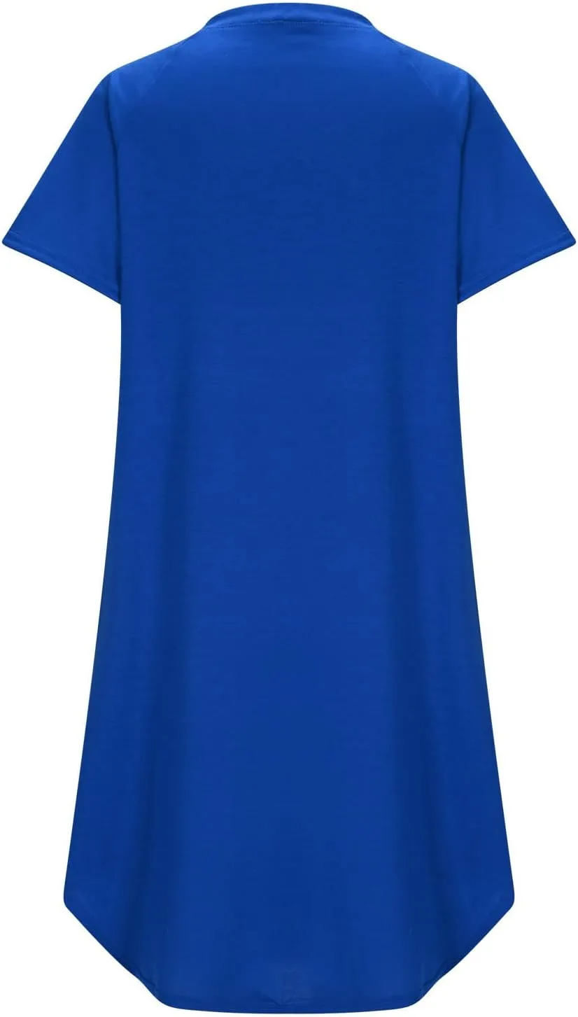 jsaierl Women's Button Down V Neck Shirts Dress Casual Loose Solid Basic T Shirt Dress Summer Short Sleeve Shift Dress