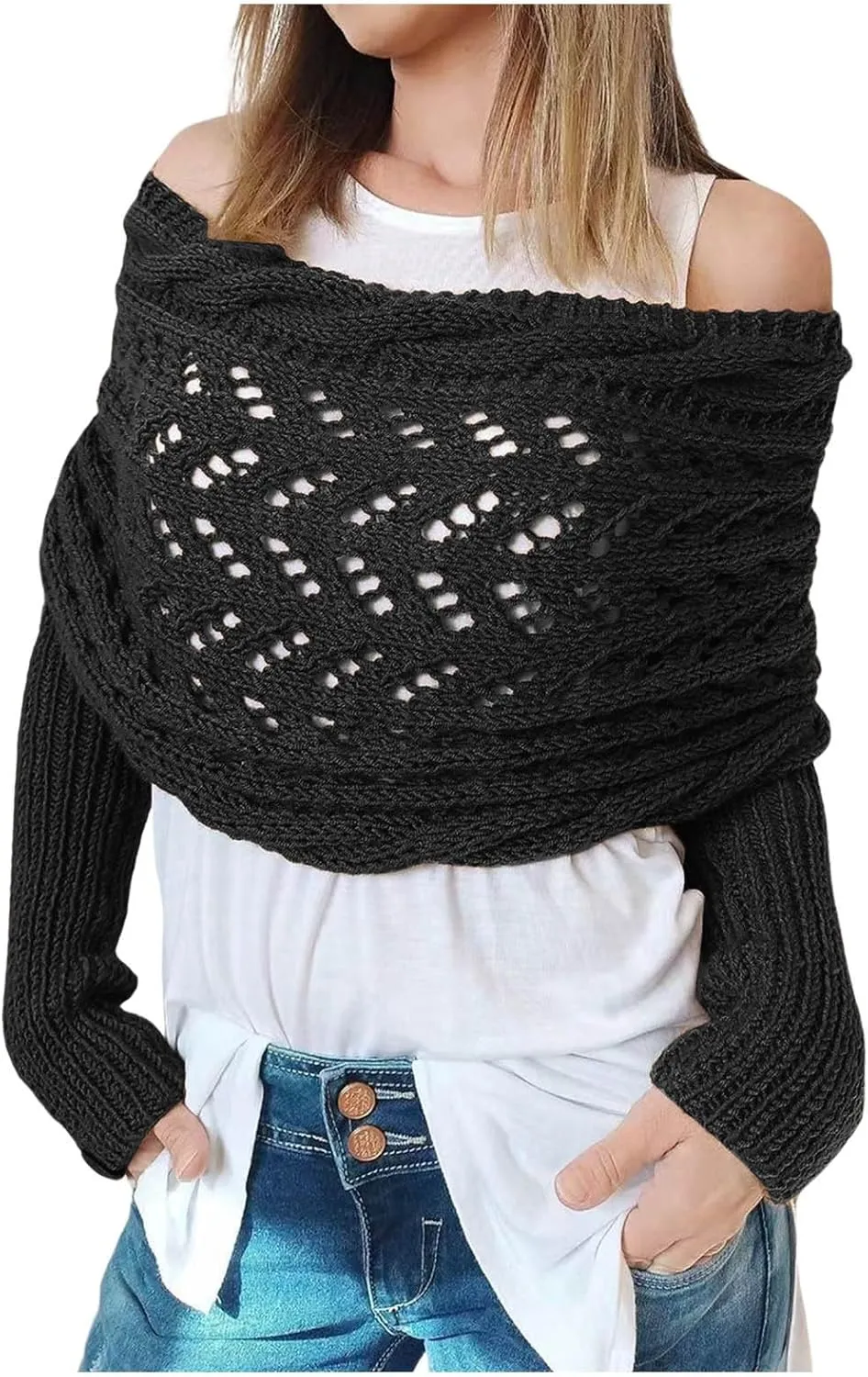 Knitted Cable Wrap,Crochet Cocoon Shrug,Sweater Scarf with Sleeves,Shrugs for Women,Knitted Wrap,2024 Trendy Sweaters