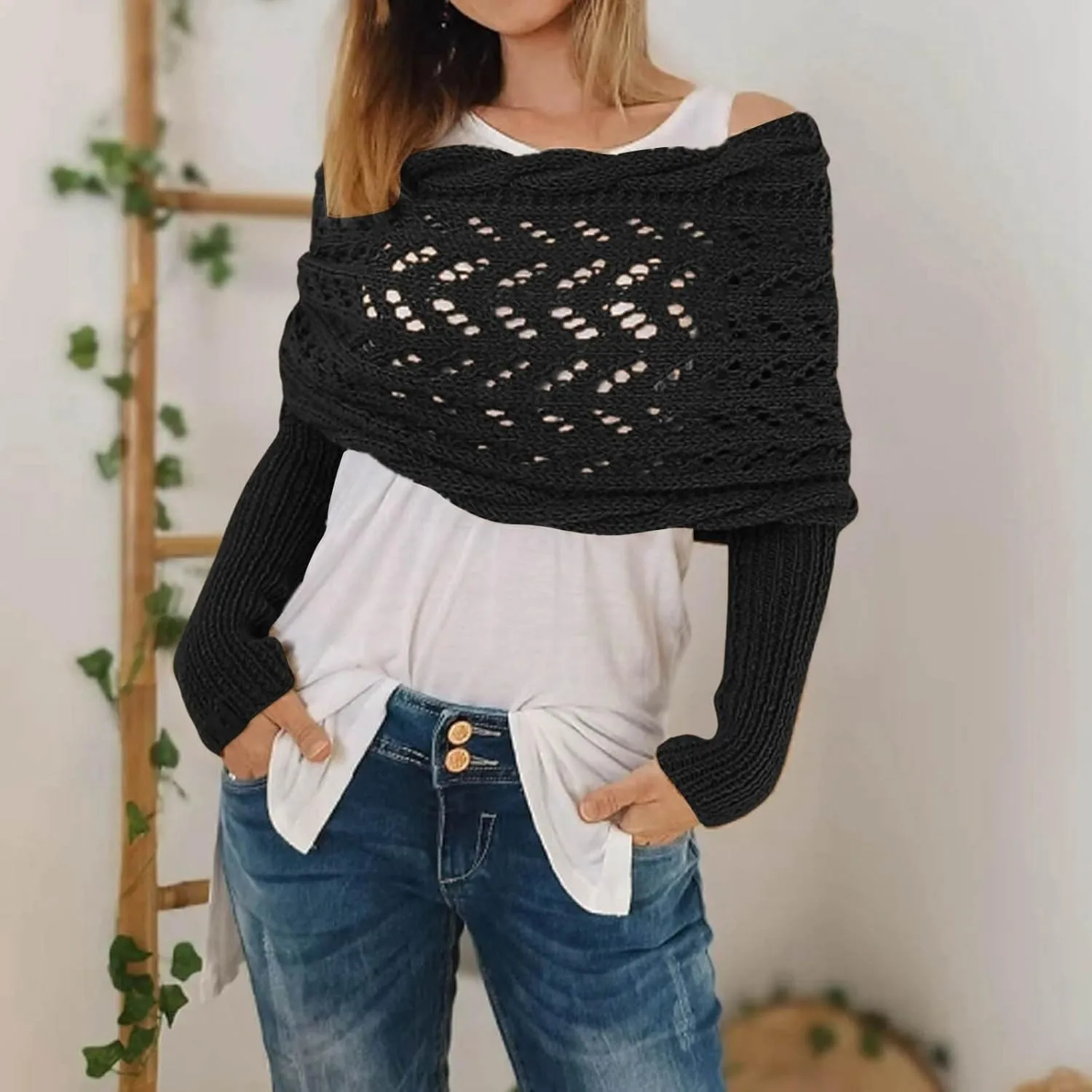 Knitted Cable Wrap,Crochet Cocoon Shrug,Sweater Scarf with Sleeves,Shrugs for Women,Knitted Wrap,2024 Trendy Sweaters