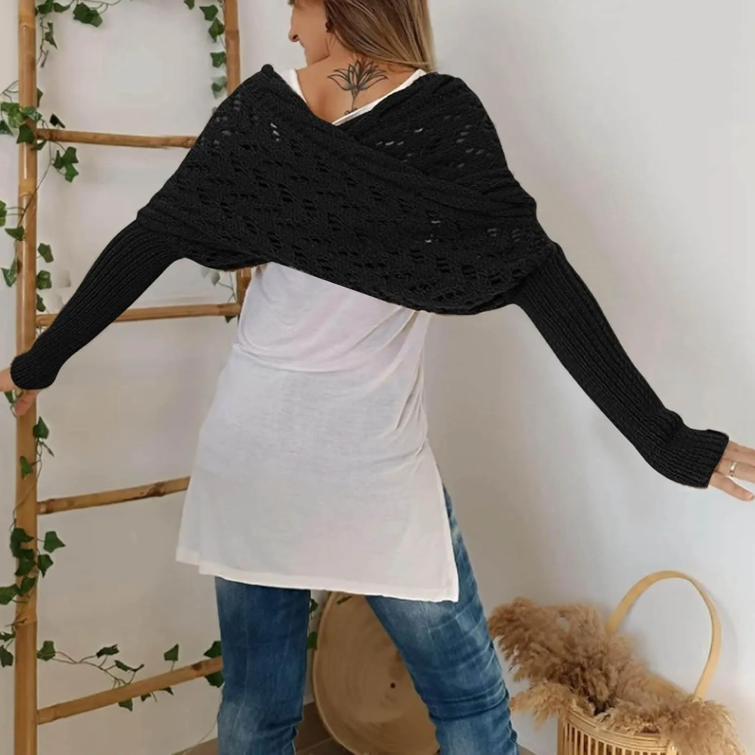 Knitted Cable Wrap,Crochet Cocoon Shrug,Sweater Scarf with Sleeves,Shrugs for Women,Knitted Wrap,2024 Trendy Sweaters