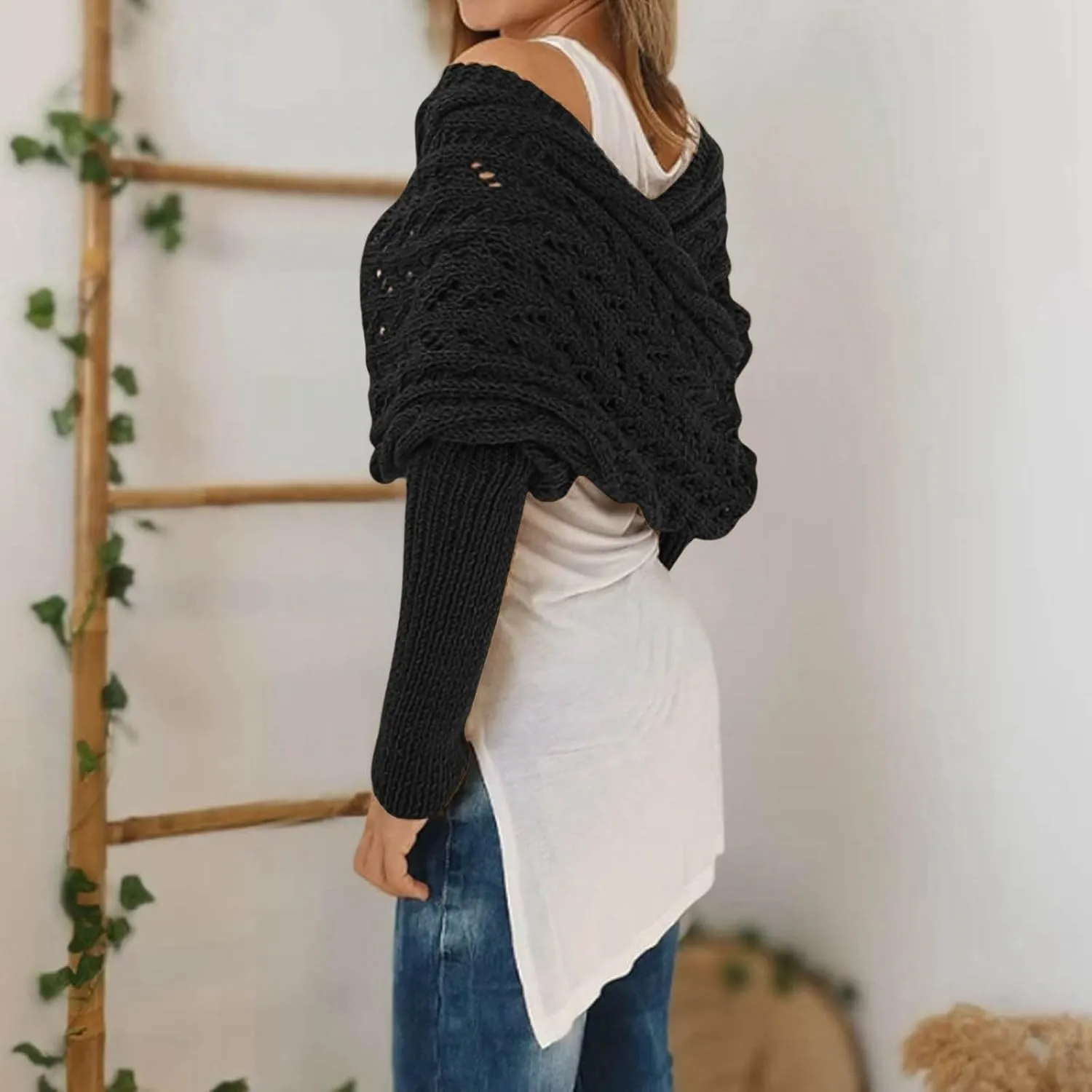 Knitted Cable Wrap,Crochet Cocoon Shrug,Sweater Scarf with Sleeves,Shrugs for Women,Knitted Wrap,2024 Trendy Sweaters