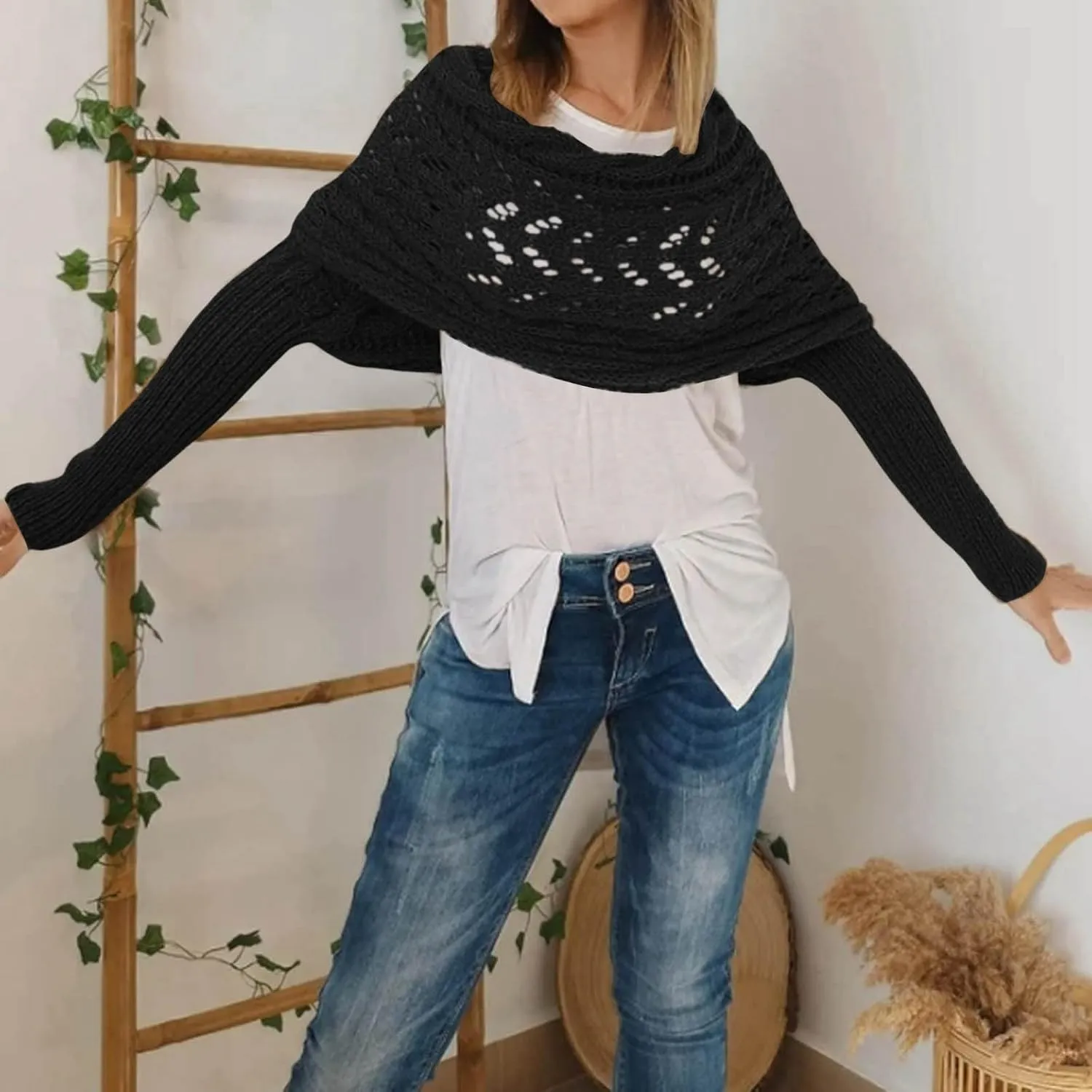 Knitted Cable Wrap,Crochet Cocoon Shrug,Sweater Scarf with Sleeves,Shrugs for Women,Knitted Wrap,2024 Trendy Sweaters