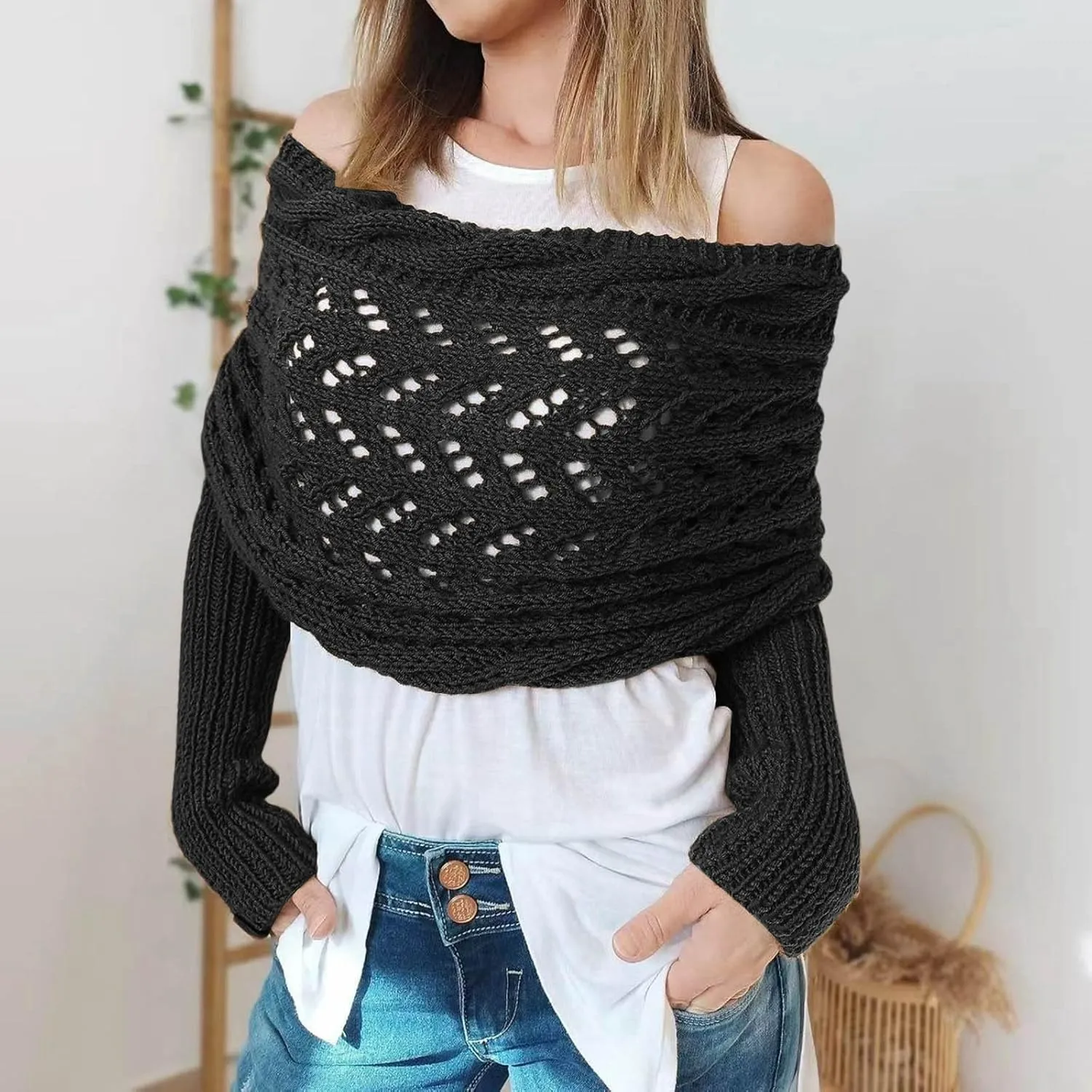 Knitted Cable Wrap,Crochet Cocoon Shrug,Sweater Scarf with Sleeves,Shrugs for Women,Knitted Wrap,2024 Trendy Sweaters
