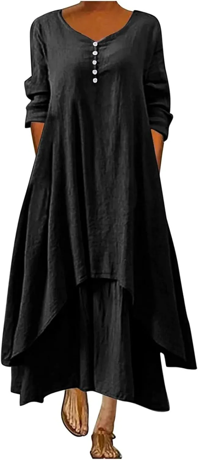 Layered Dresses for Women Solid Round Neck Short Sleeve Maxi Dress Baggy Flowy Summer Casual Travel Sundress