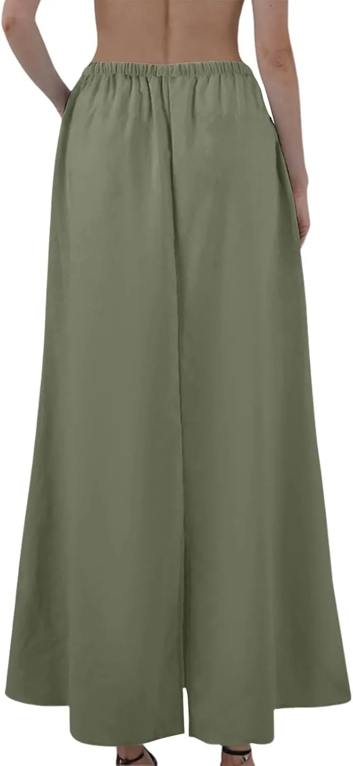 Linen Maxi Skirt for Women Summer Solid Flared Hem Skirt Drawstring Elastic Waisted Flowy Long Skirts with Back Slit