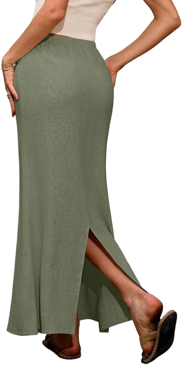 Linen Maxi Skirt for Women Summer Solid Flared Hem Skirt Drawstring Elastic Waisted Flowy Long Skirts with Back Slit