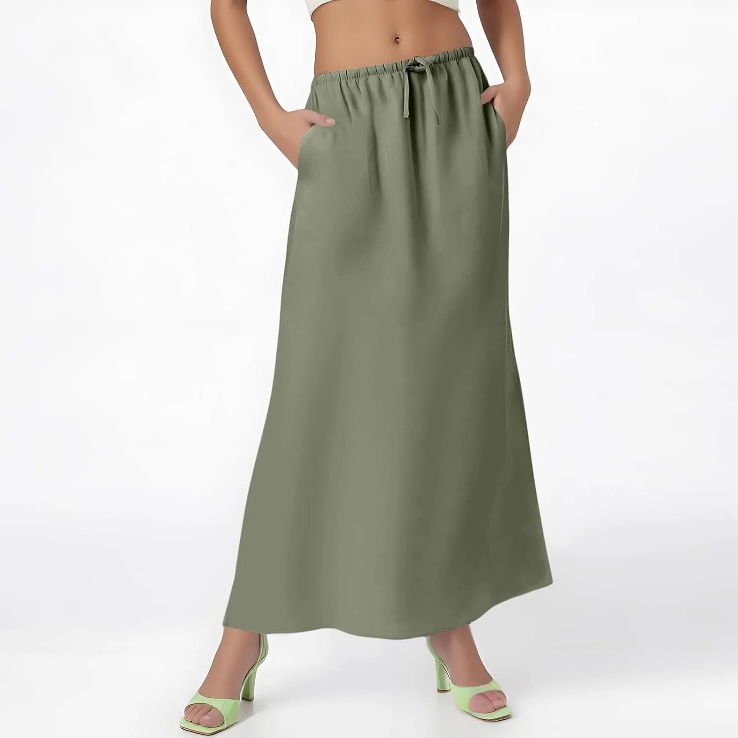 Linen Maxi Skirt for Women Summer Solid Flared Hem Skirt Drawstring Elastic Waisted Flowy Long Skirts with Back Slit