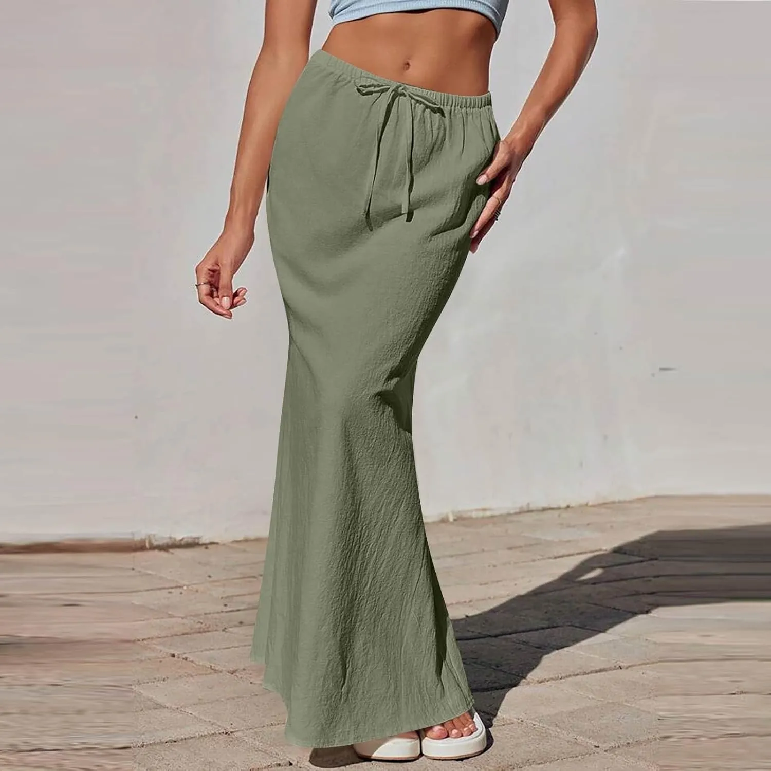 Linen Maxi Skirt for Women Summer Solid Flared Hem Skirt Drawstring Elastic Waisted Flowy Long Skirts with Back Slit