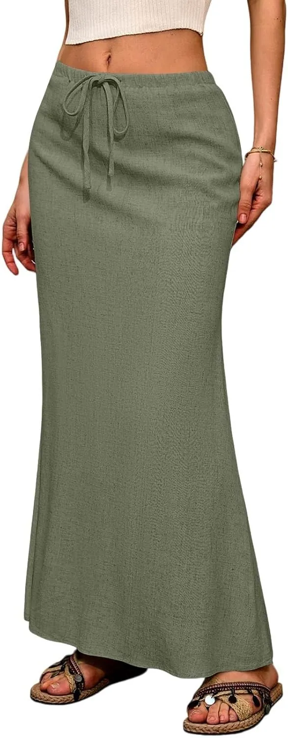 Linen Maxi Skirt for Women Summer Solid Flared Hem Skirt Drawstring Elastic Waisted Flowy Long Skirts with Back Slit