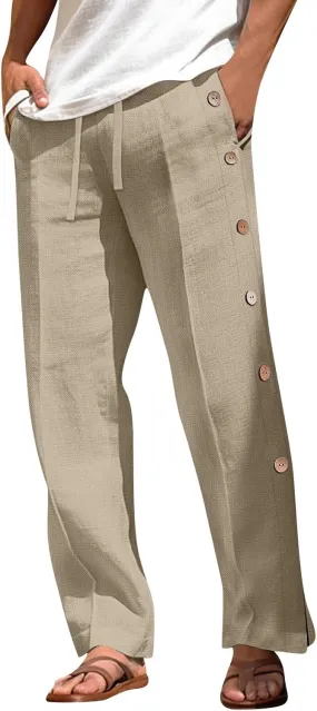 Linen Pants Men Beach Joggers Men Harem Summer Wide Legs Split Expandable Waist Coloured Comfortable Regular Jogger