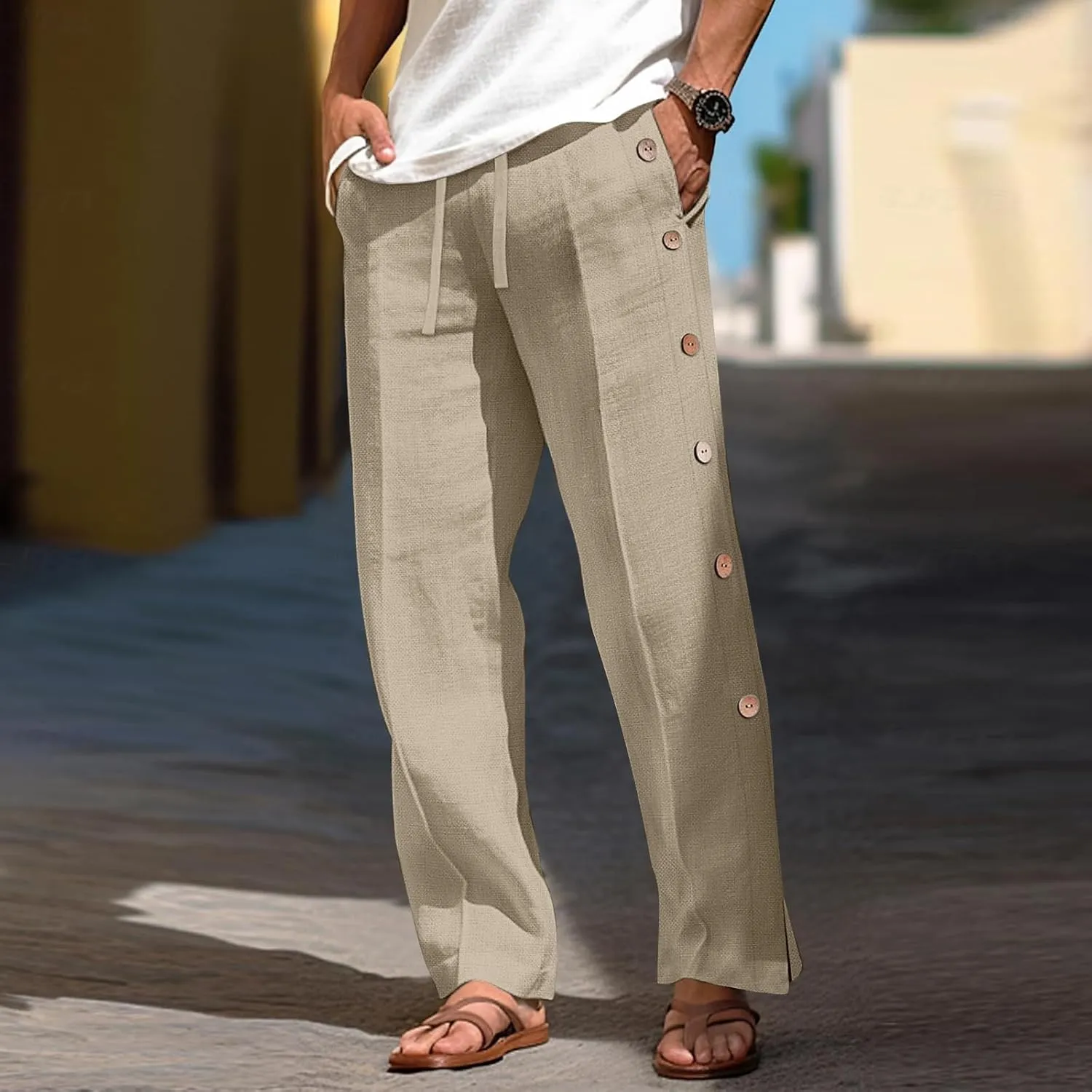 Linen Pants Men Beach Joggers Men Harem Summer Wide Legs Split Expandable Waist Coloured Comfortable Regular Jogger