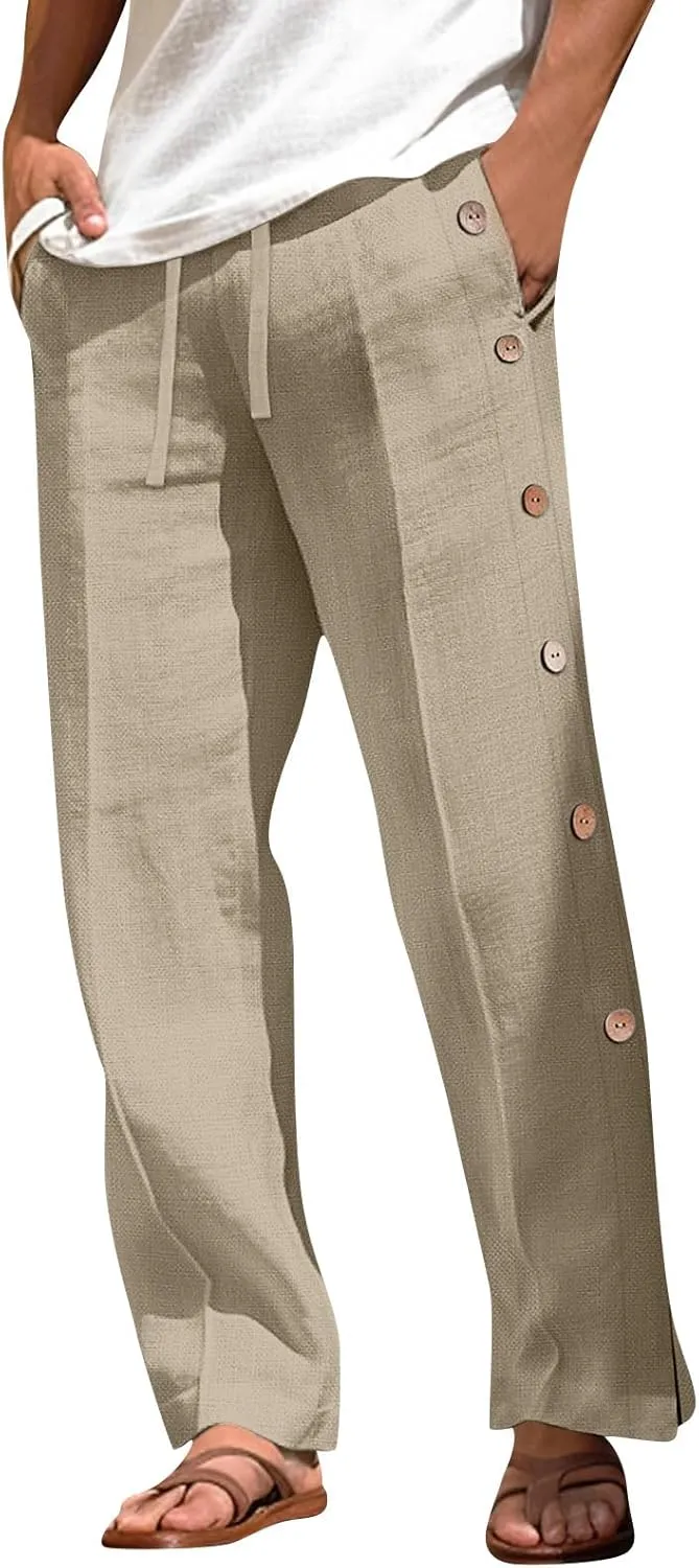 Linen Pants Men Beach Joggers Men Harem Summer Wide Legs Split Expandable Waist Coloured Comfortable Regular Jogger