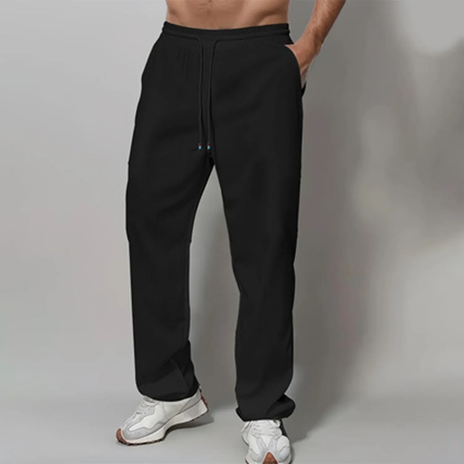 Linen Pants Men Slim Fit Drawstring Elastic Waist Trousers Summer Comfortable Beach Pants with Pockets Full Length
