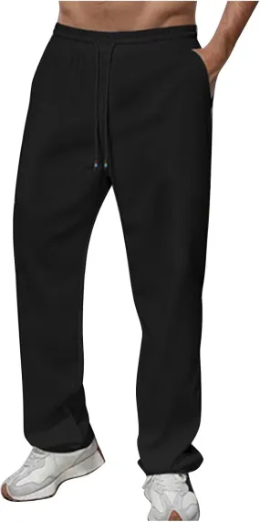 Linen Pants Men Slim Fit Drawstring Elastic Waist Trousers Summer Comfortable Beach Pants with Pockets Full Length