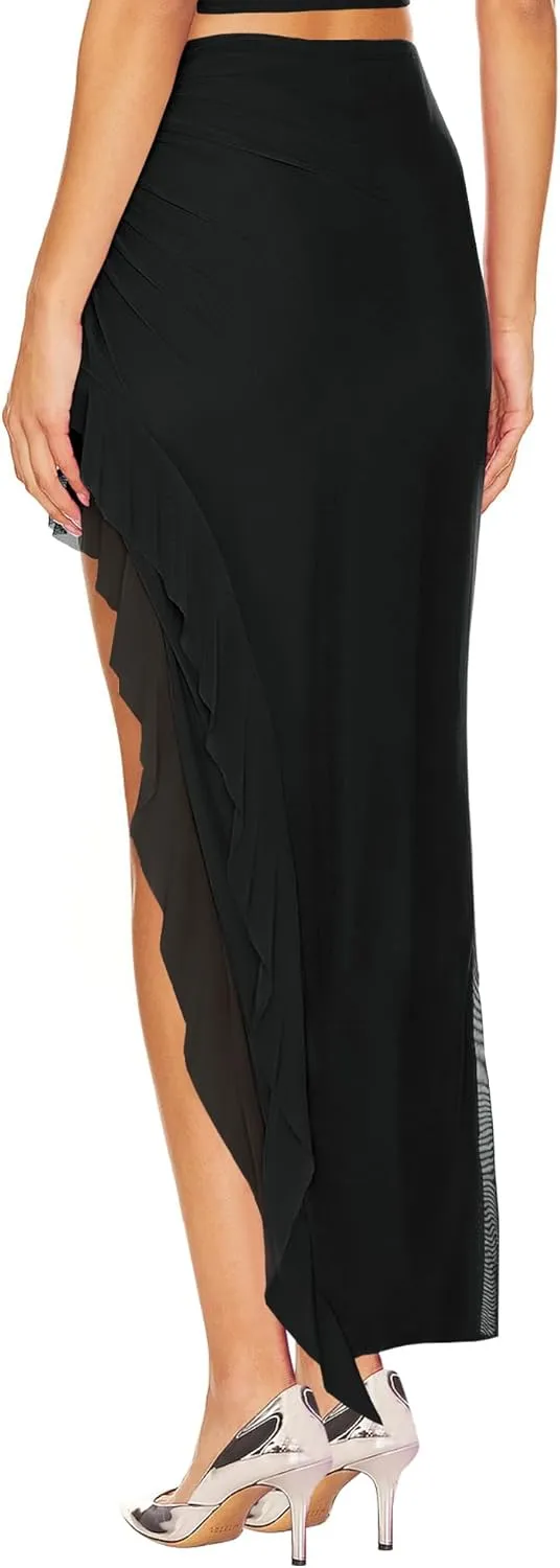 Lrady Women's Mesh Ruched Flowy Beach Skirt Stretchy High Waisted High Low Asymmetrical Ruffle Long Skirts
