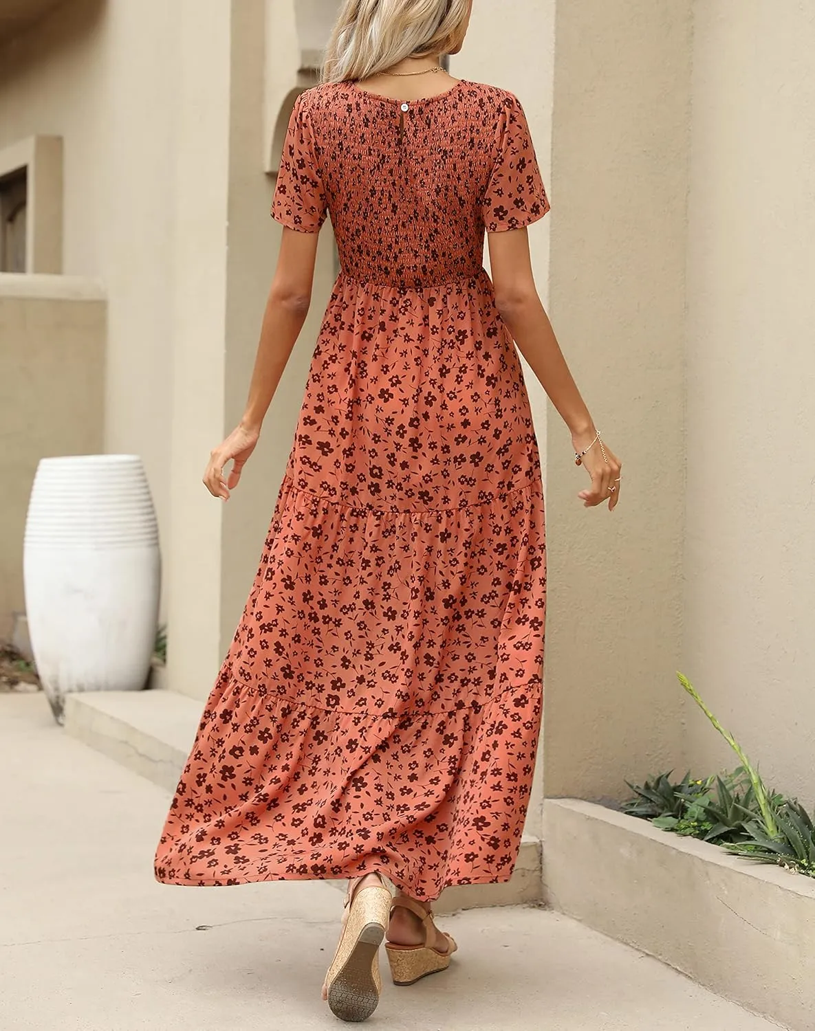 Maggeer Womens 2025 Spring Summer Smocked Wedding Guest Maxi Dress Casual Short Sleeve Floral Boho Flowy Long Dress