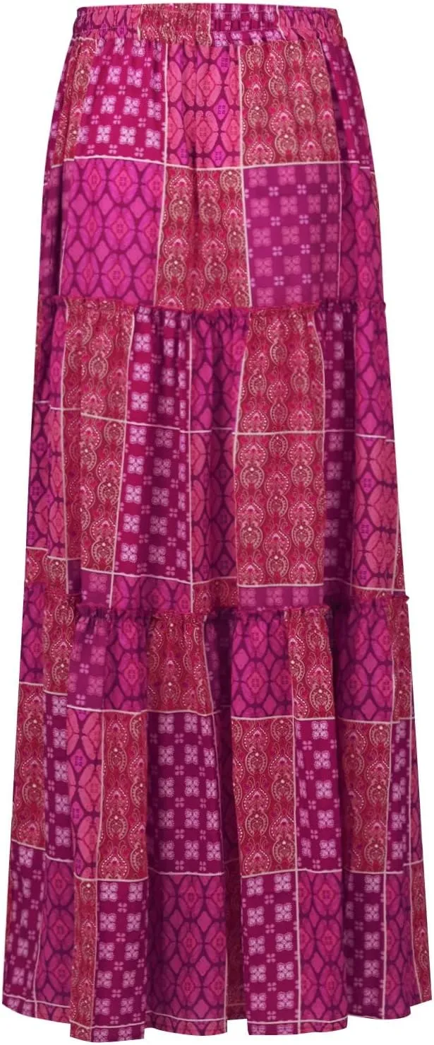 Maxi Skirts for Women Vintage Flower Elastic High Waist Long Skirt Pleated Tiered A-Line Swing Skirts