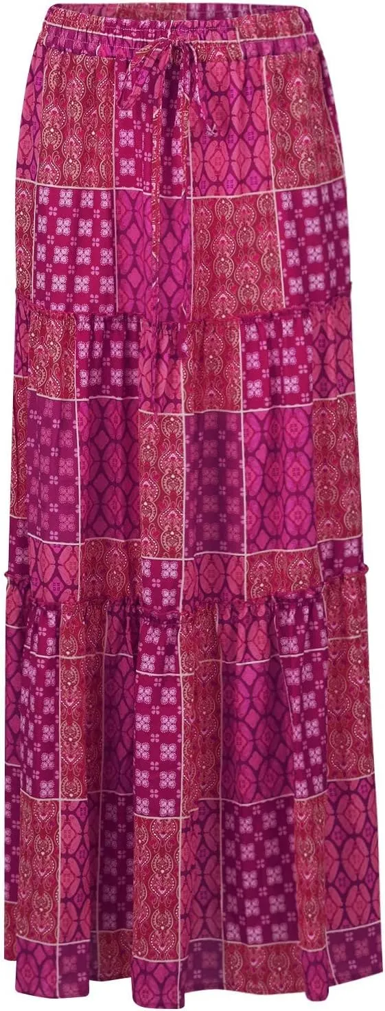 Maxi Skirts for Women Vintage Flower Elastic High Waist Long Skirt Pleated Tiered A-Line Swing Skirts