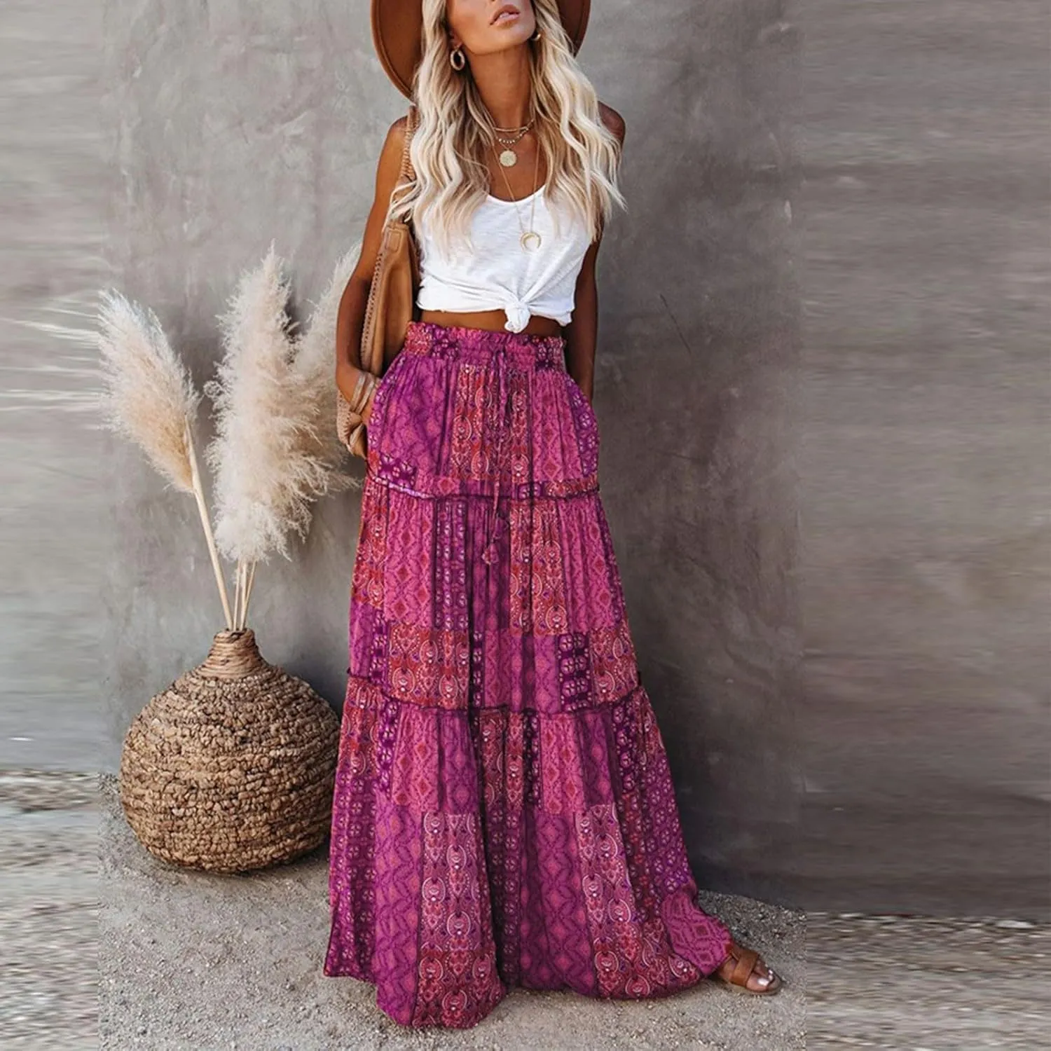 Maxi Skirts for Women Vintage Flower Elastic High Waist Long Skirt Pleated Tiered A-Line Swing Skirts