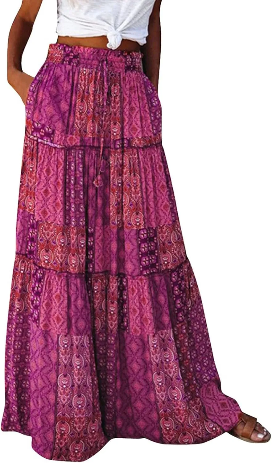 Maxi Skirts for Women Vintage Flower Elastic High Waist Long Skirt Pleated Tiered A-Line Swing Skirts