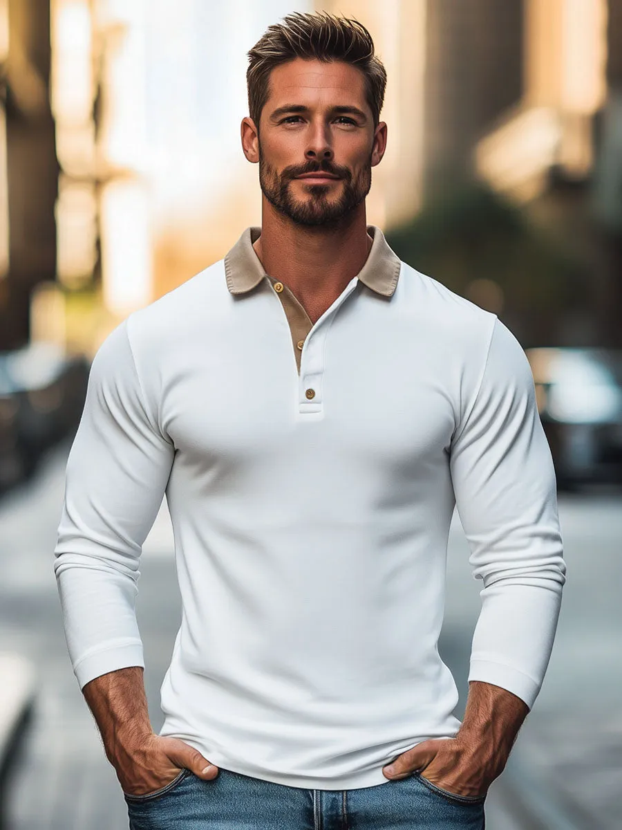 Men's Contrast Color Panel Long Sleeve Polo Shirt