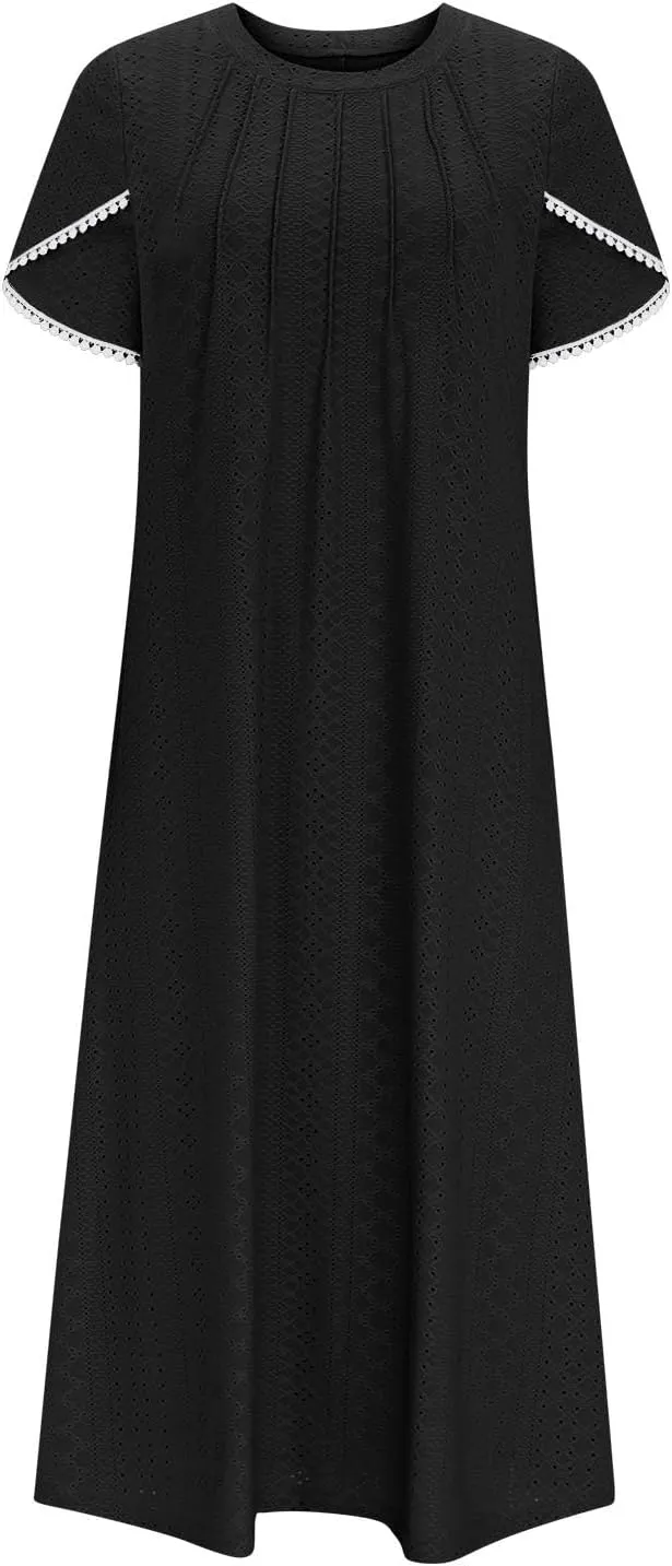 Midi Dresses for Women Summer Crew Neck Petal Sleeve Lace-Up Hollow Out Ruched High Waist Eyelet Dress with Pockets