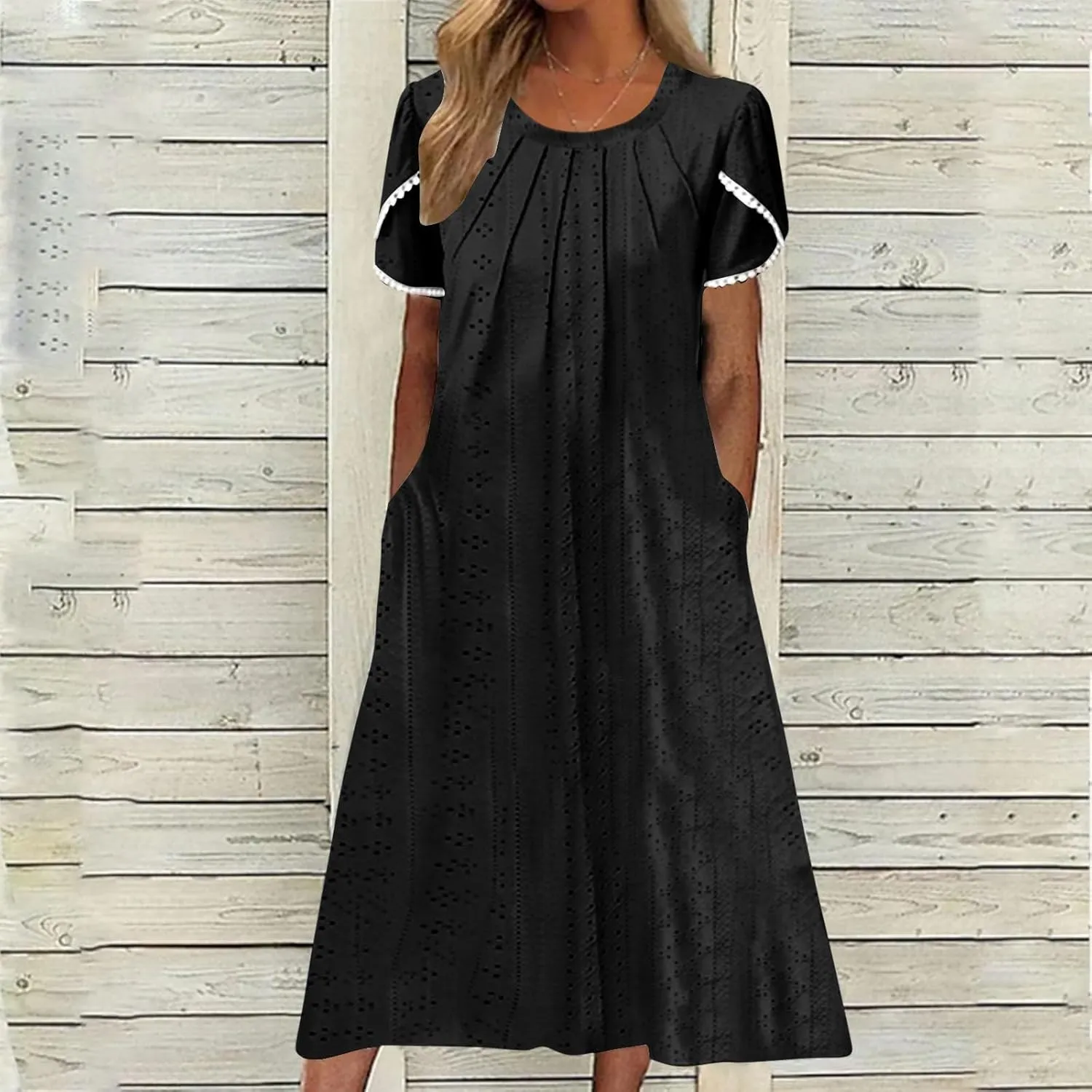 Midi Dresses for Women Summer Crew Neck Petal Sleeve Lace-Up Hollow Out Ruched High Waist Eyelet Dress with Pockets
