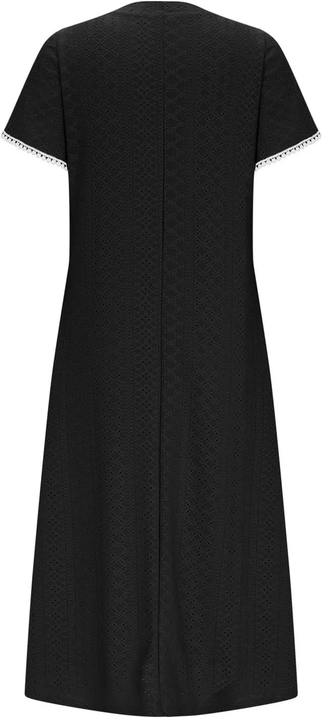Midi Dresses for Women Summer Crew Neck Petal Sleeve Lace-Up Hollow Out Ruched High Waist Eyelet Dress with Pockets