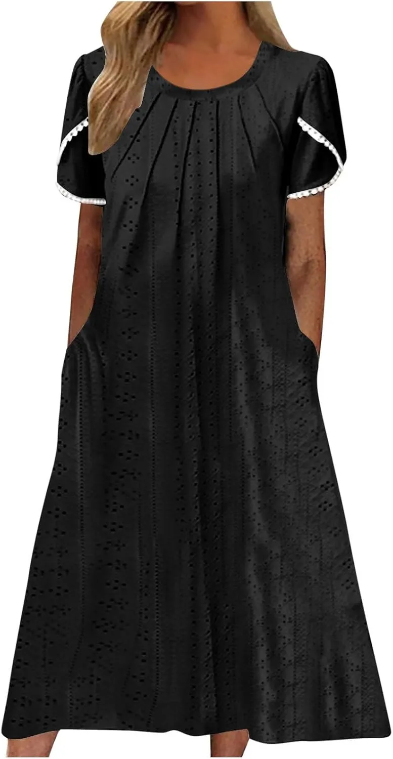 Midi Dresses for Women Summer Crew Neck Petal Sleeve Lace-Up Hollow Out Ruched High Waist Eyelet Dress with Pockets