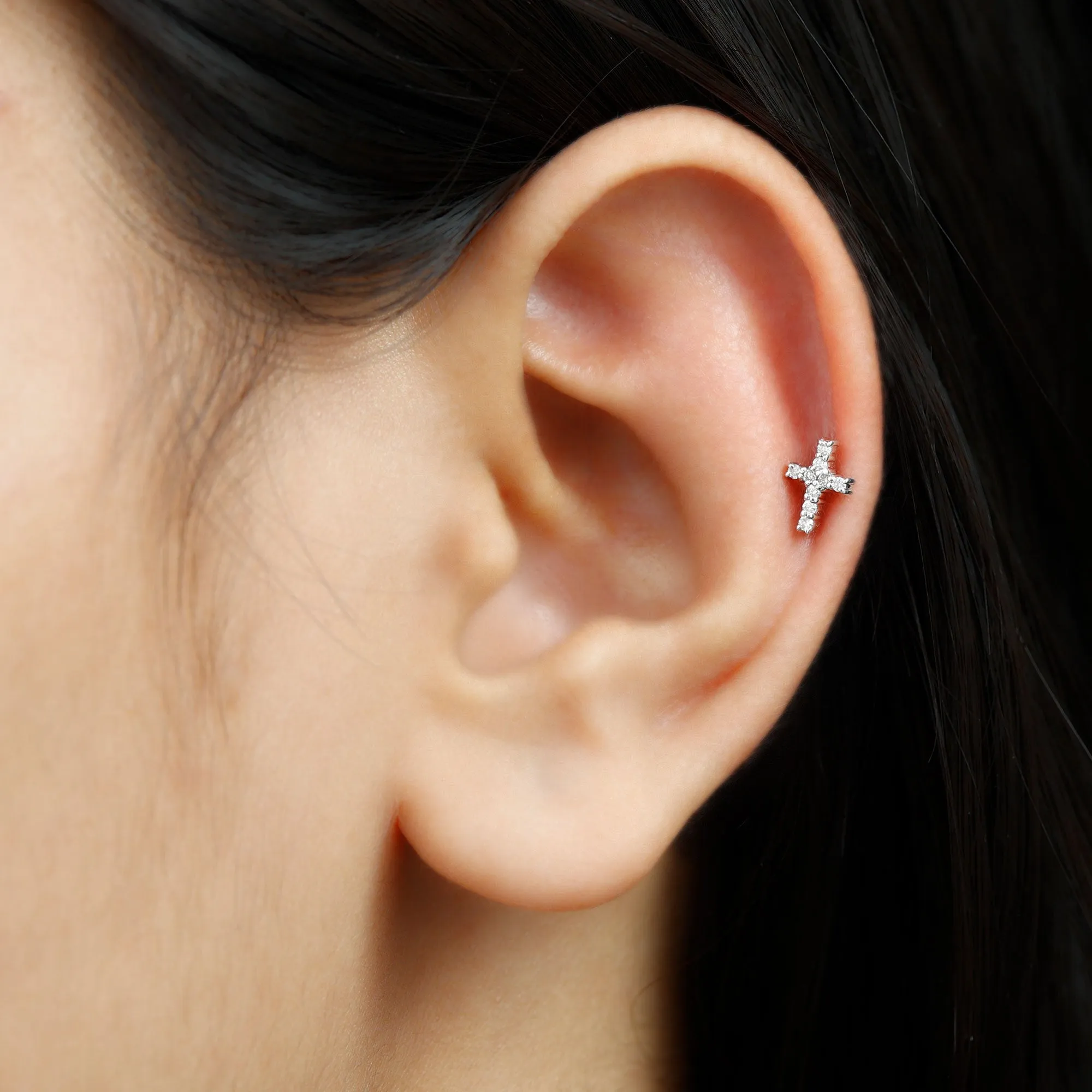 Minimalist Moissanite Cross Cartilage Earring