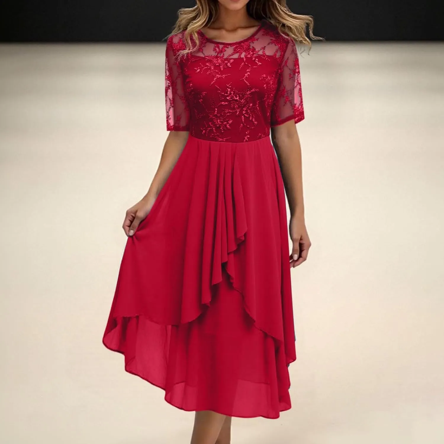 Mother of The Bride Dress for Wedding Chiffon See Through Irregular Hem Pleated Midi Dress A Line Short Sleeve Sundress
