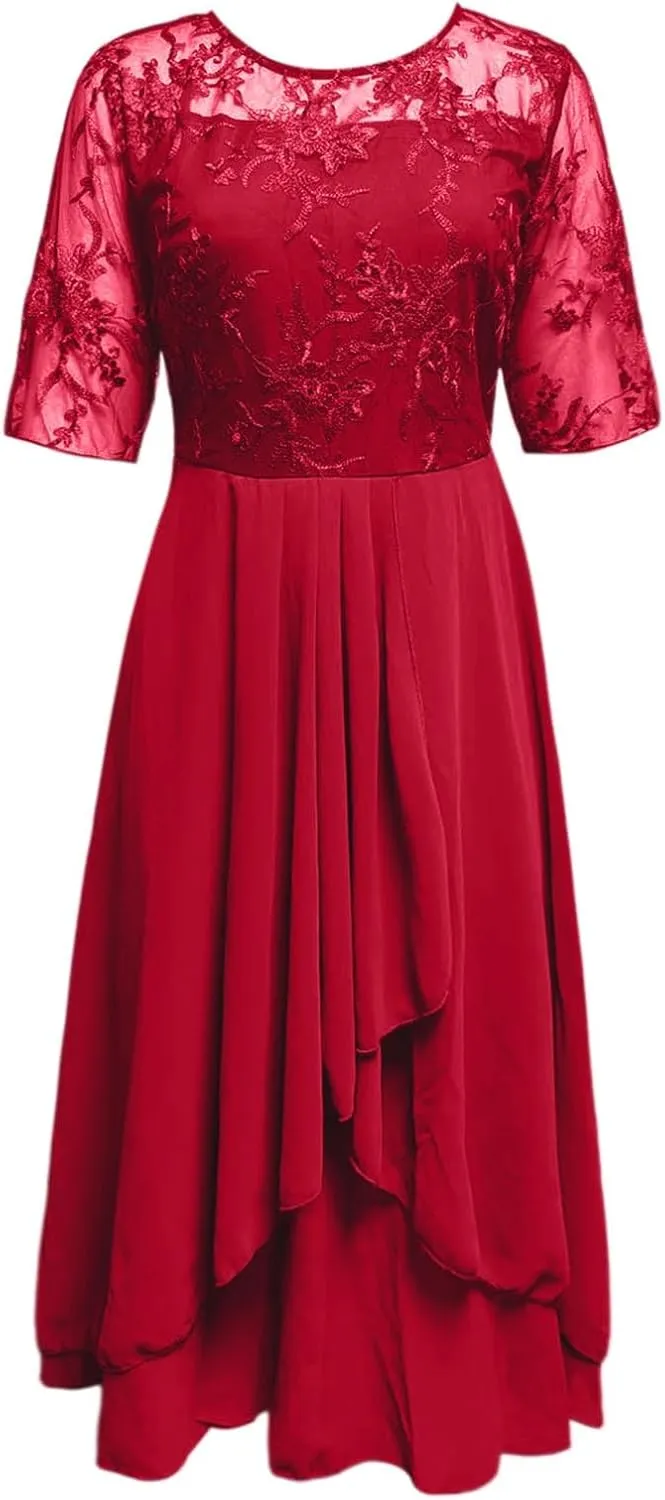 Mother of The Bride Dress for Wedding Chiffon See Through Irregular Hem Pleated Midi Dress A Line Short Sleeve Sundress