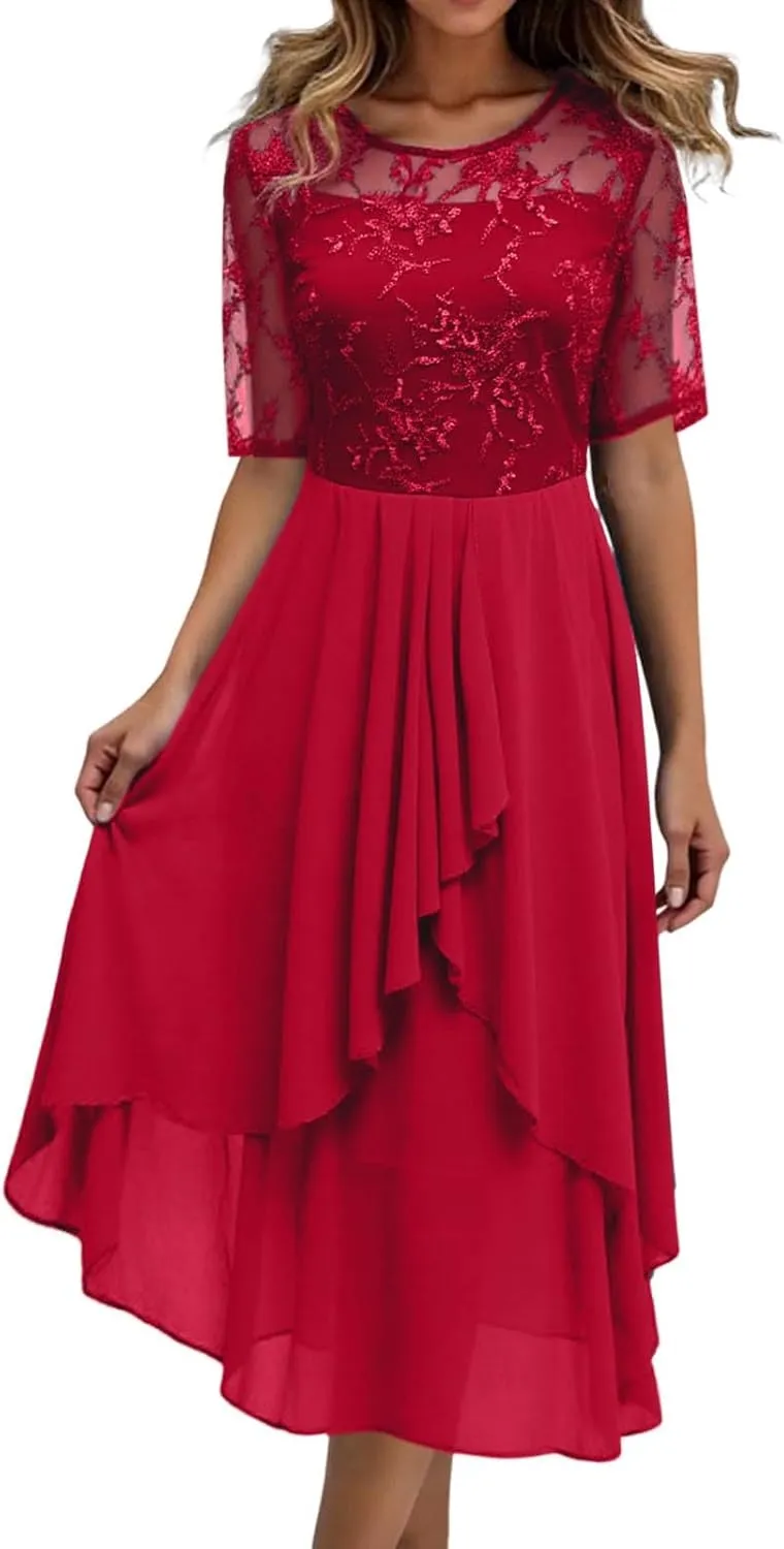 Mother of The Bride Dress for Wedding Chiffon See Through Irregular Hem Pleated Midi Dress A Line Short Sleeve Sundress