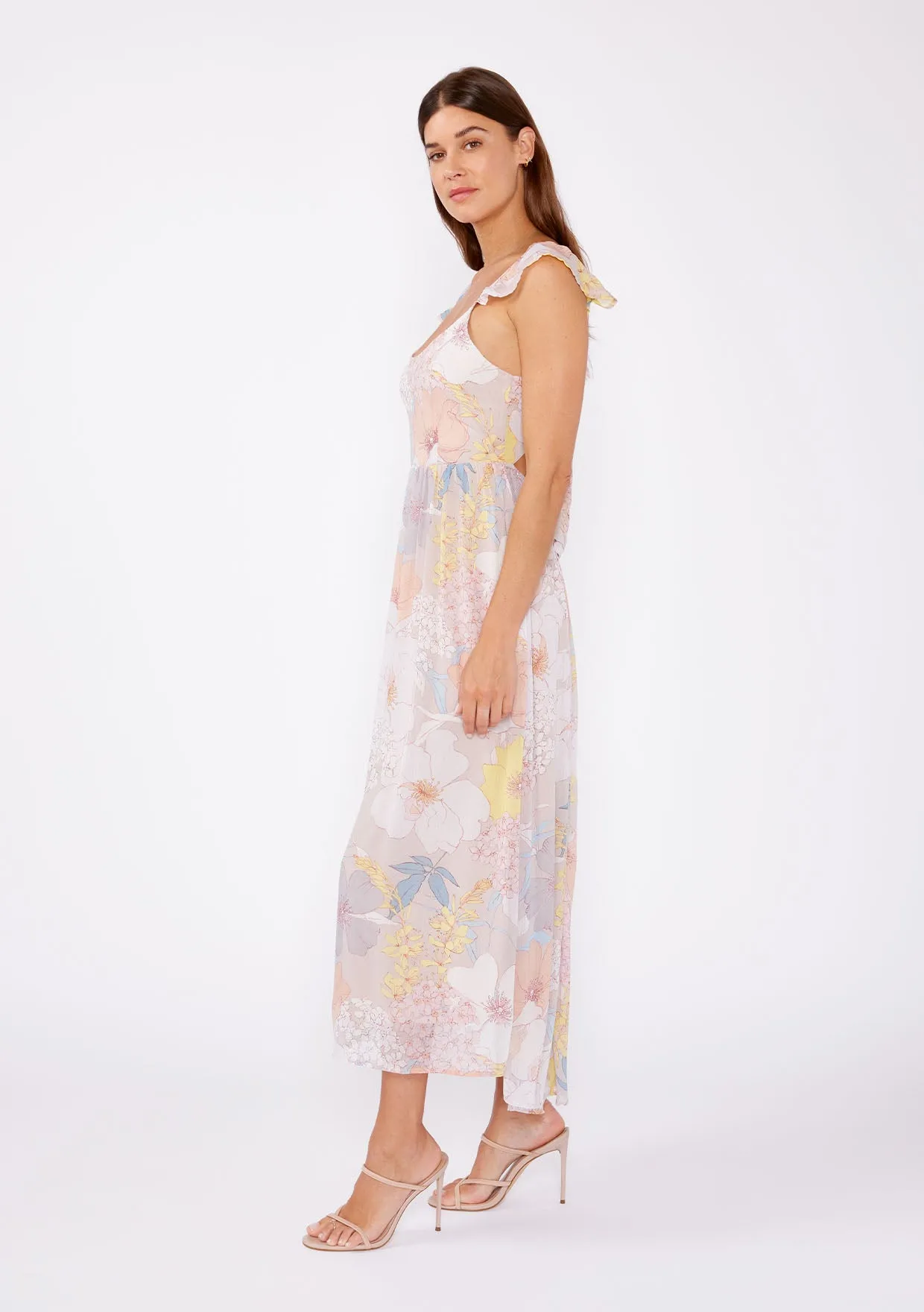 Pastel Floral Flutter Sleeve Tie Back Maxi Dress
