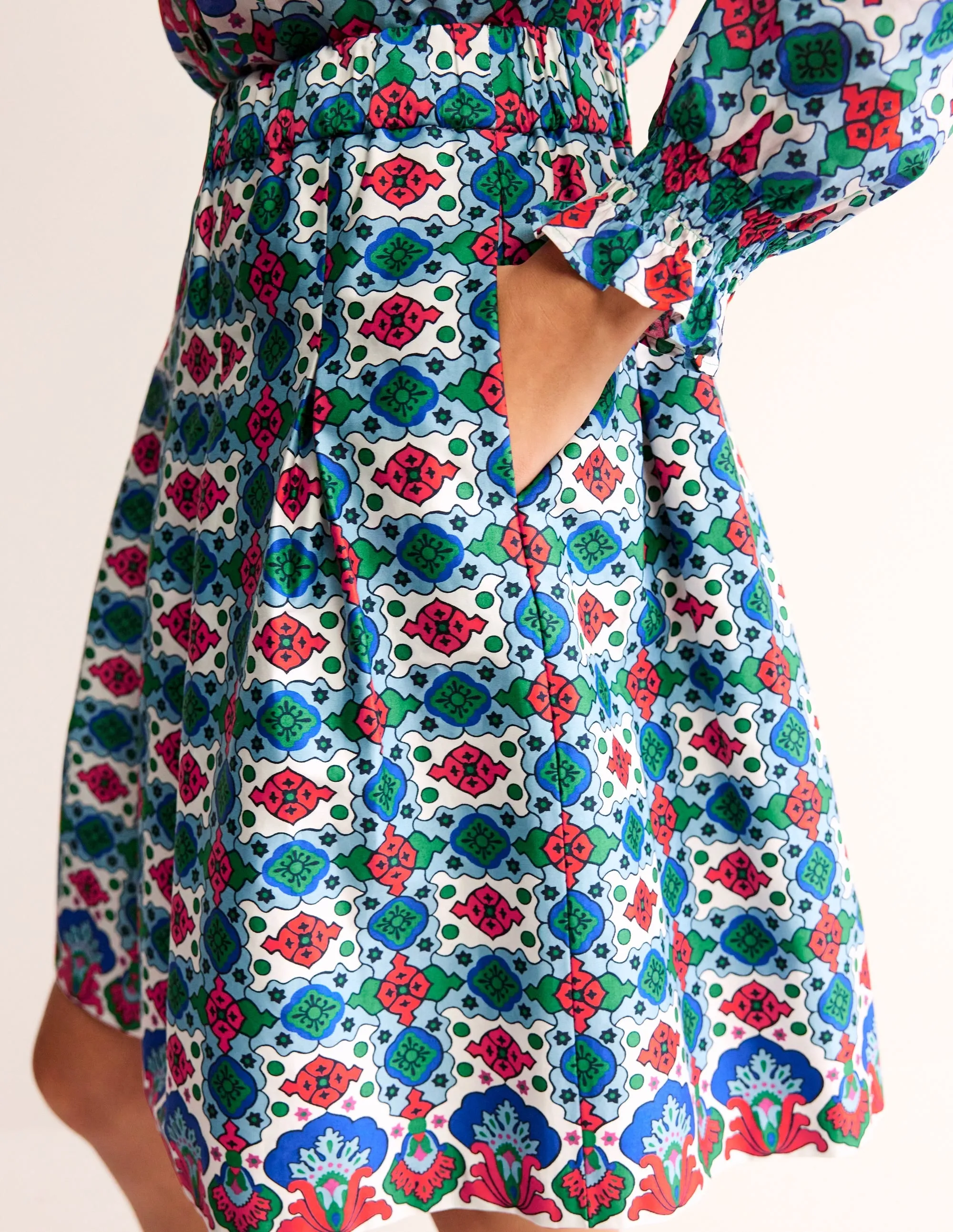 Pleated Cotton Skirt-Multi, Coastal Tile