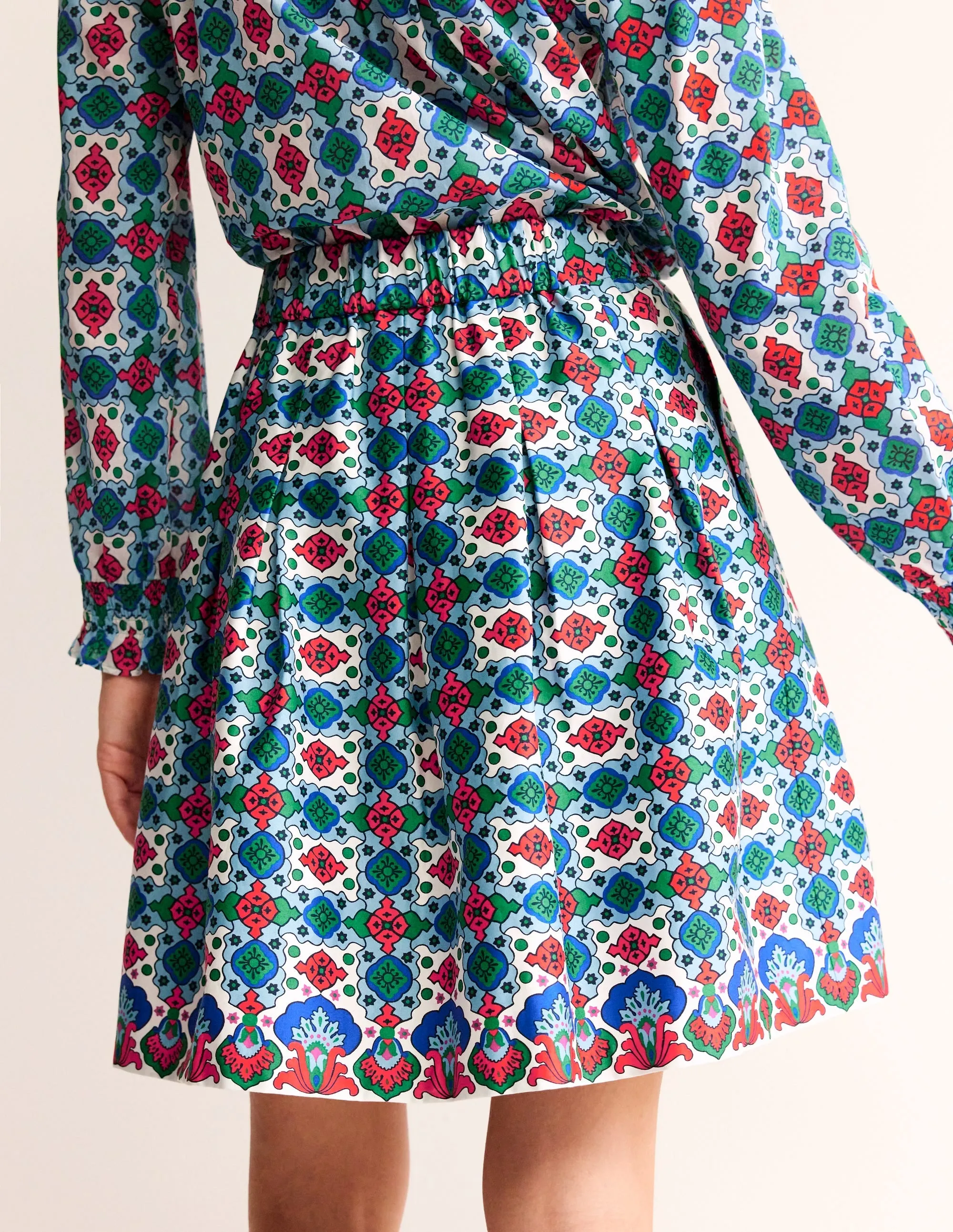 Pleated Cotton Skirt-Multi, Coastal Tile