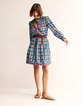 Pleated Cotton Skirt-Multi, Coastal Tile
