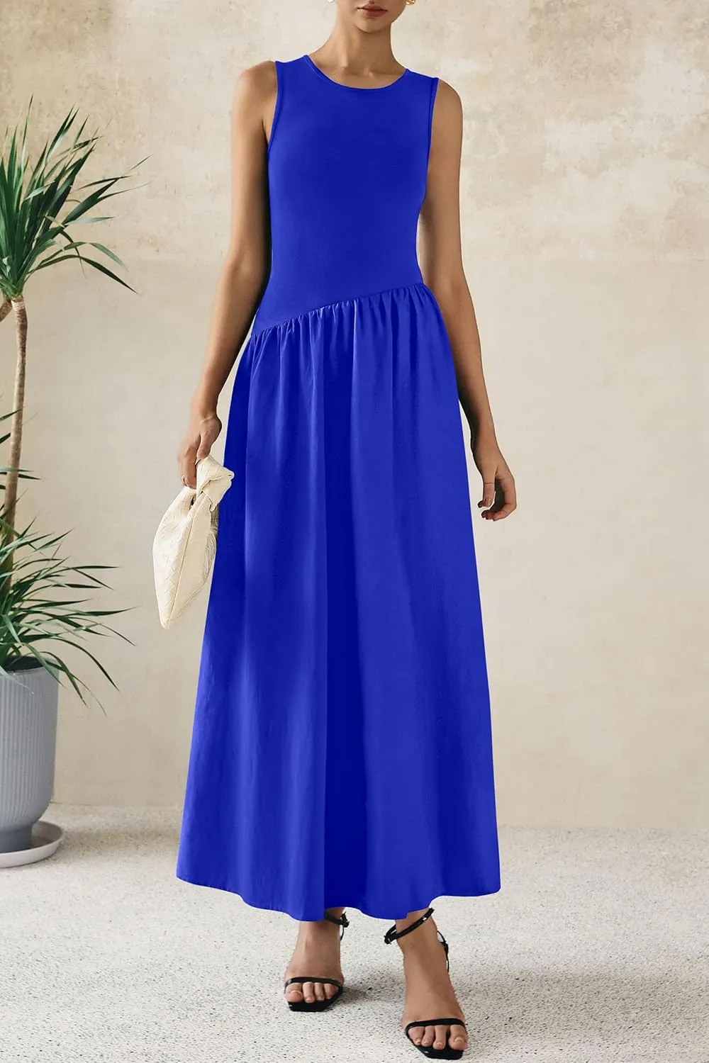 PRETTYGARDEN Women's Maxi Sundress Casual Summer 2025 Sleeveless Asymmetrical Drop Waist Patchwork Long Flowy Tank Dresses